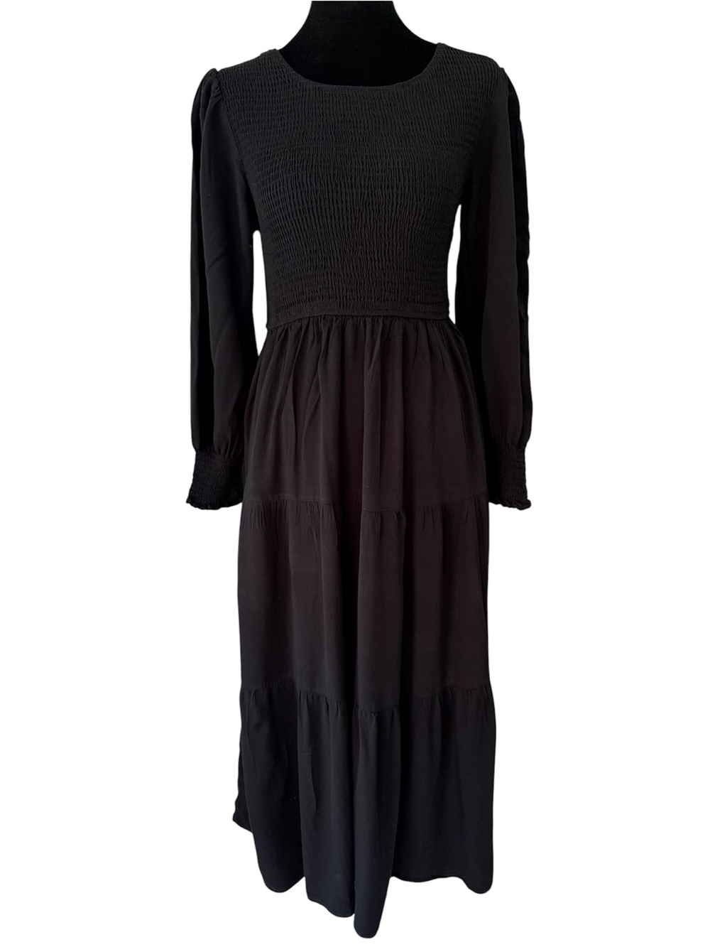 Zesica Women’s Black Boho Maxi Dress Long Sleeve Puff Sleeve Tiered M